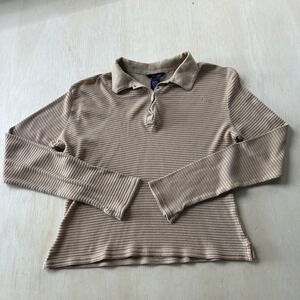 SO Polo Shirt Womens XL Beige Collared Thermal Waffle Knit Long Sleeve Top